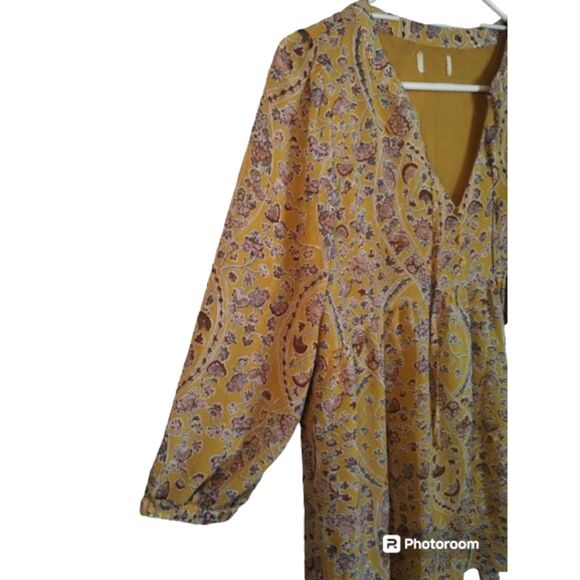 Paisley and Floral Gold Red Blue Smock Baby Doll V Neck Tie Blouse M - Picture 4 of 6